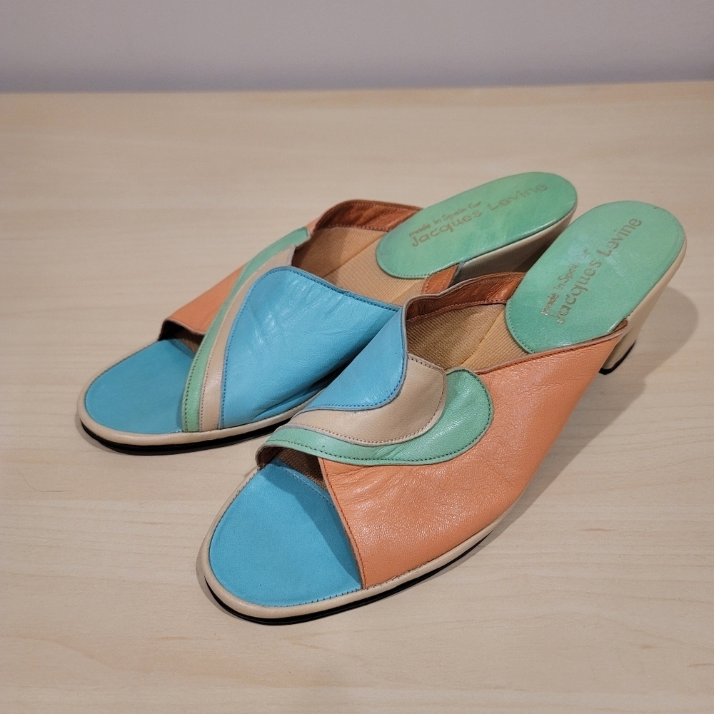 Sz 8 Jacques Levine Vintage House Retro Art Deco Peach Mint Slippers Shoes - Picture 9 of 11